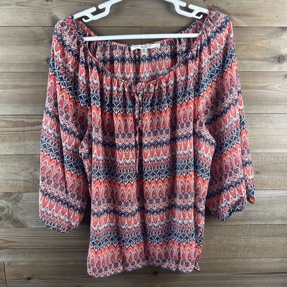 Max Studio Womens Shirt 3/4 Sleeve Wide Neck Tie Keyhole‎ Boho Semi Sheer 3X